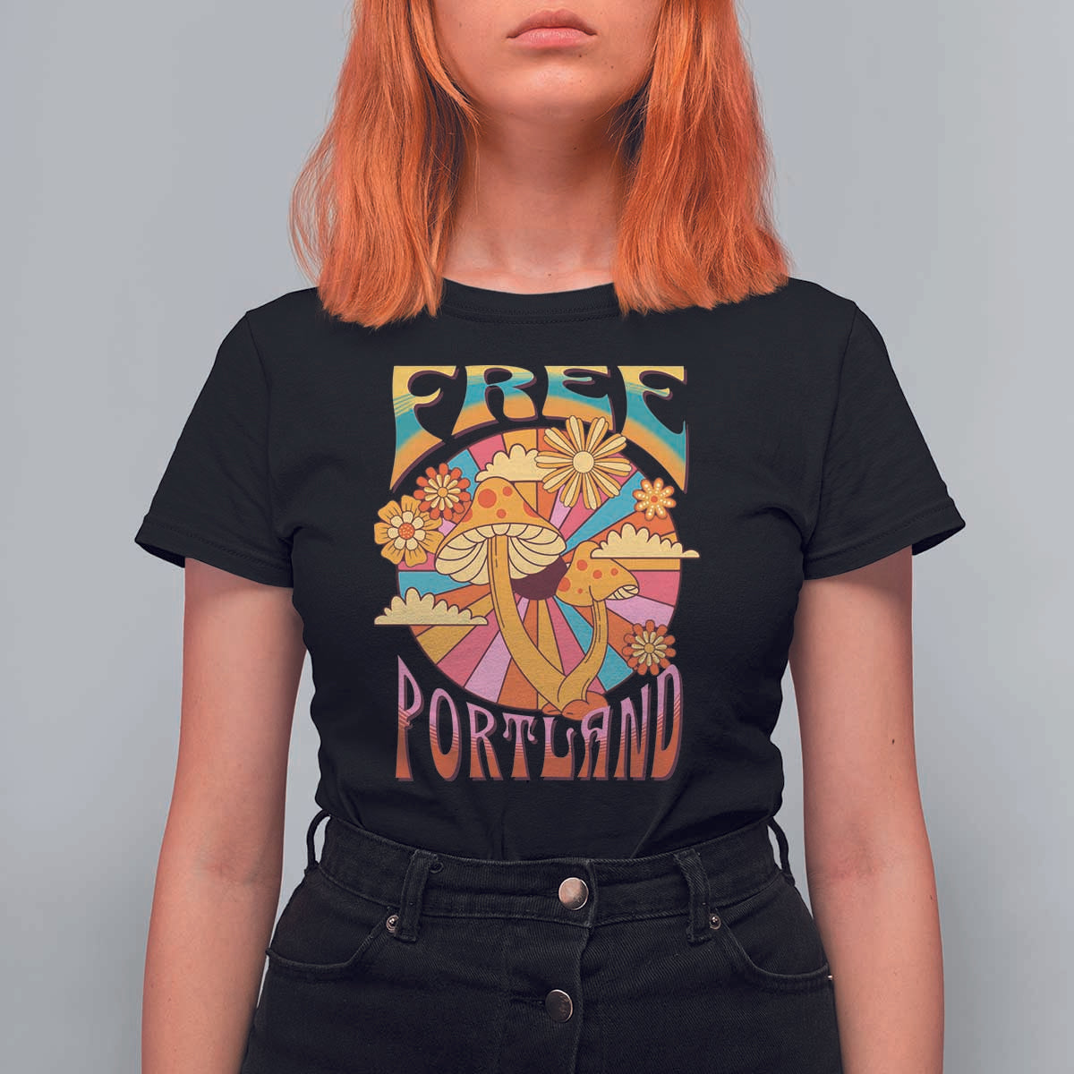 Retro Free Portland Patriotic T Shirt For Women Oregon Freedom Trippy 70s Mushroom Graphic - Wonder Print Shop