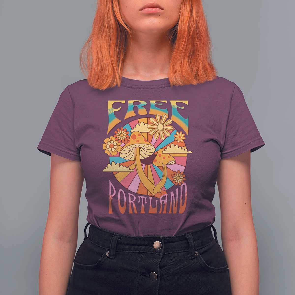 Retro Free Portland Patriotic T Shirt For Women Oregon Freedom Trippy 70s Mushroom Graphic - Wonder Print Shop