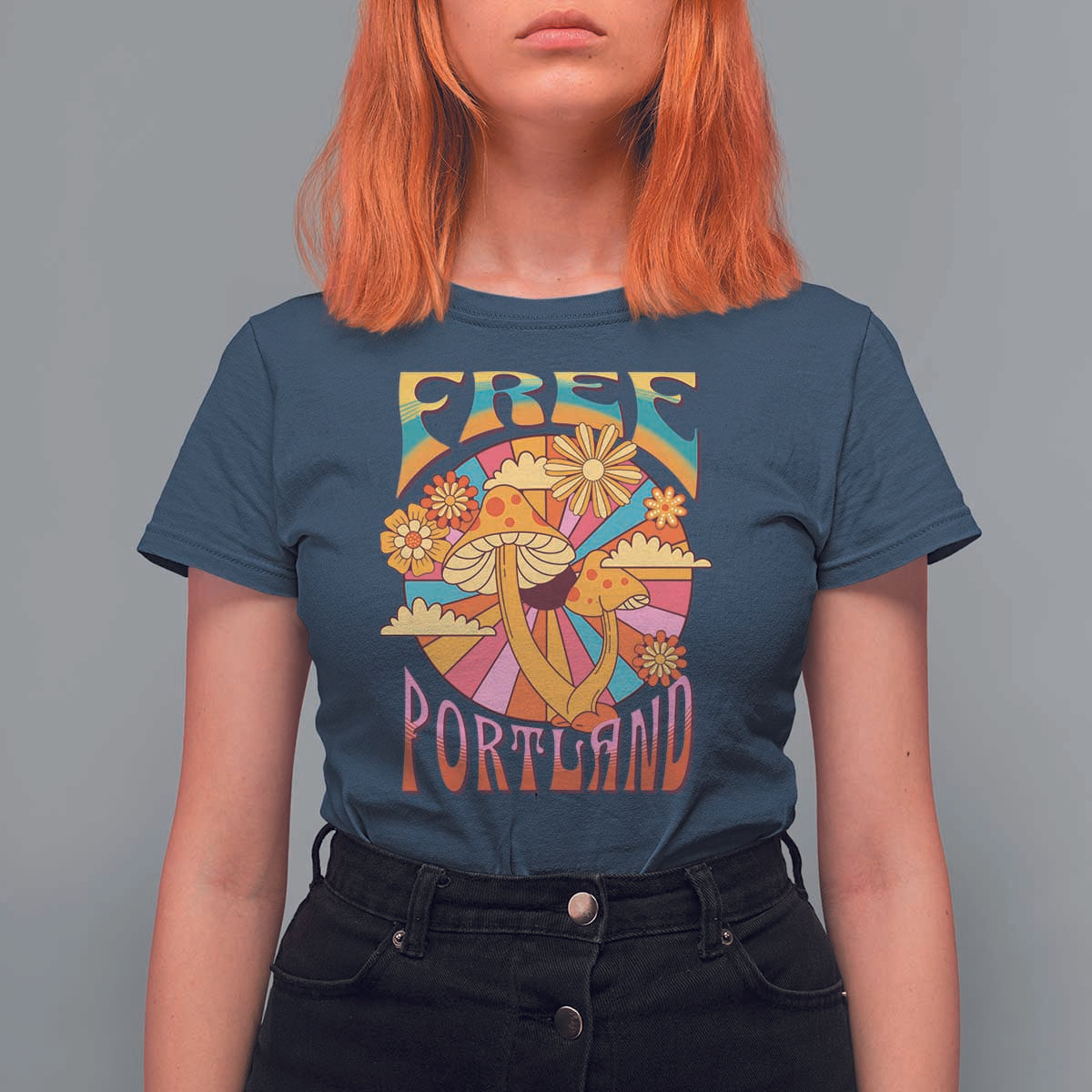 Retro Free Portland Patriotic T Shirt For Women Oregon Freedom Trippy 70s Mushroom Graphic - Wonder Print Shop