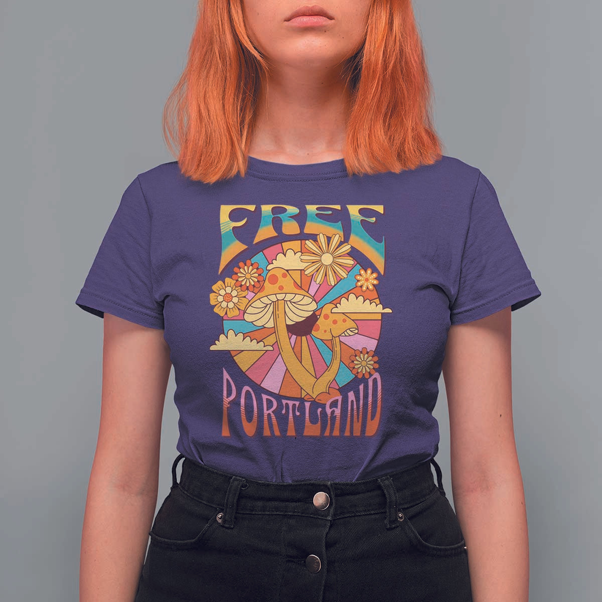 Retro Free Portland Patriotic T Shirt For Women Oregon Freedom Trippy 70s Mushroom Graphic - Wonder Print Shop