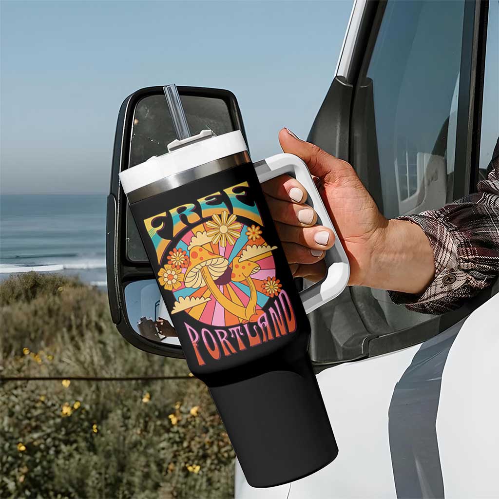 Retro Free Portland Patriotic Tumbler With Handle Oregon Freedom Trippy 70s Mushroom Graphic - Wonder Print Shop