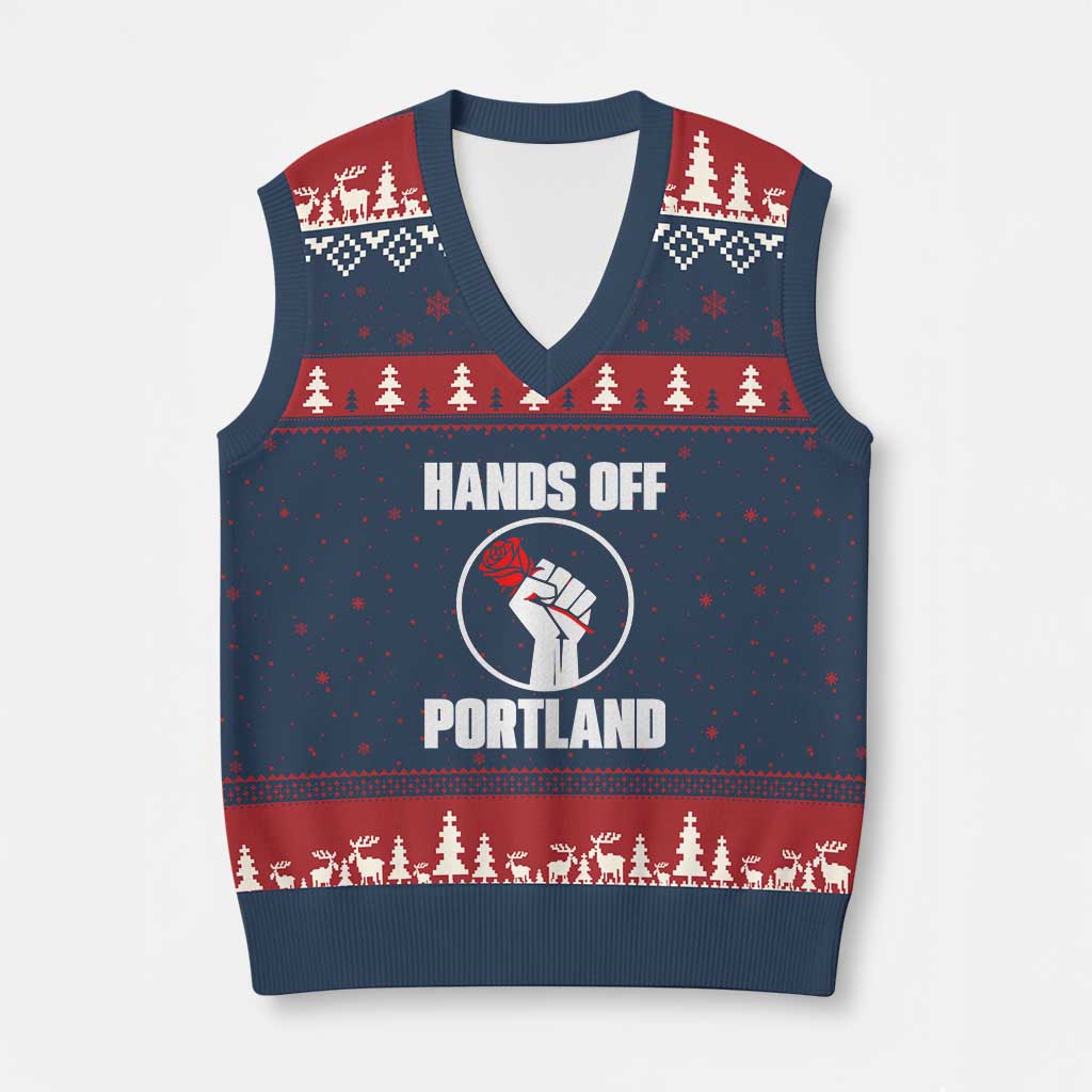 Hands Off Portland V-Neck Knit Sweater Vest Rose Fist Oregon Freedom Fighter - Wonder Print Shop