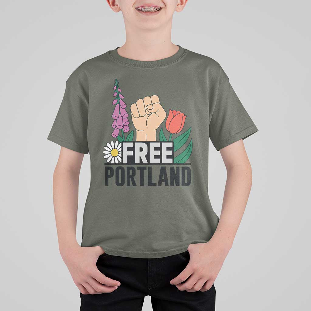 Free Portland Raised Fist T Shirt For Kid Patriotic Oregon Freedom Floral Justice - Wonder Print Shop