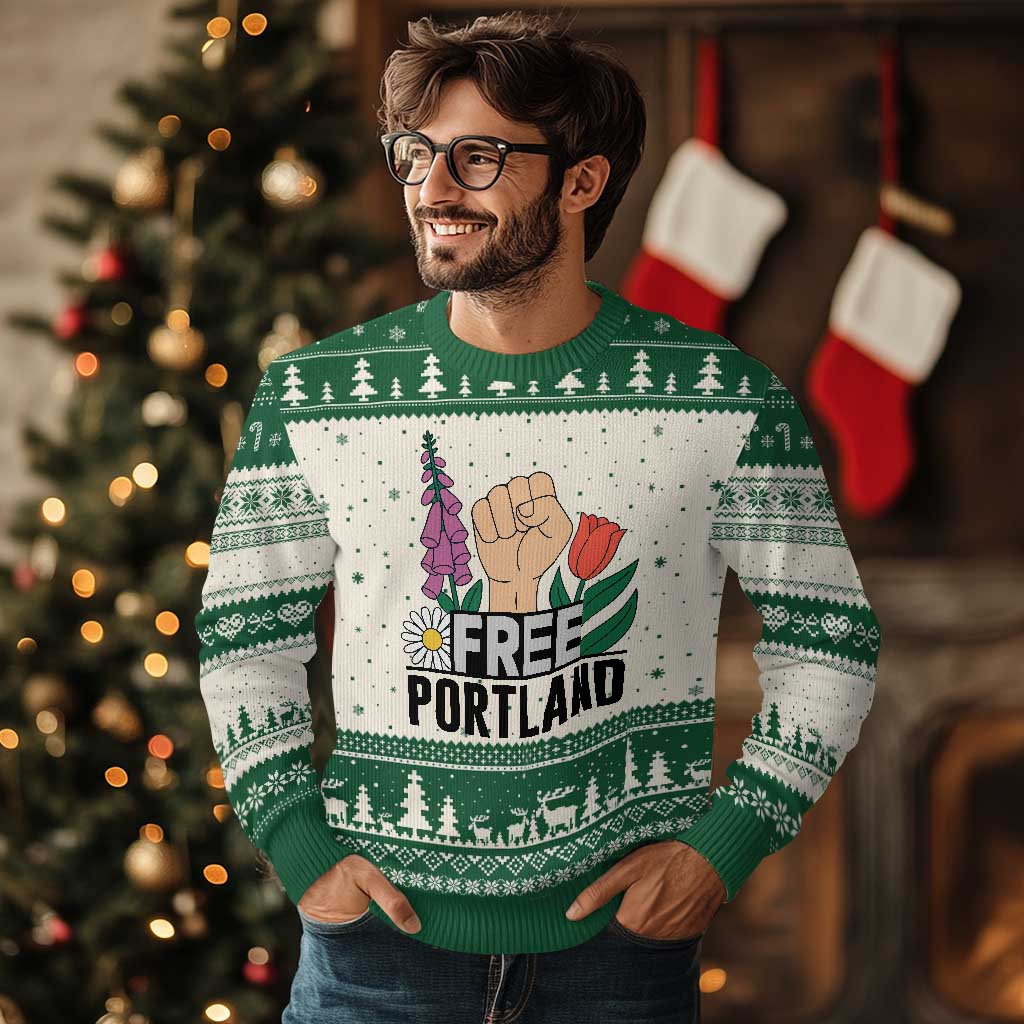 Free Portland Raised Fist Ugly Christmas Sweater Patriotic Oregon Freedom Floral Justice - Wonder Print Shop
