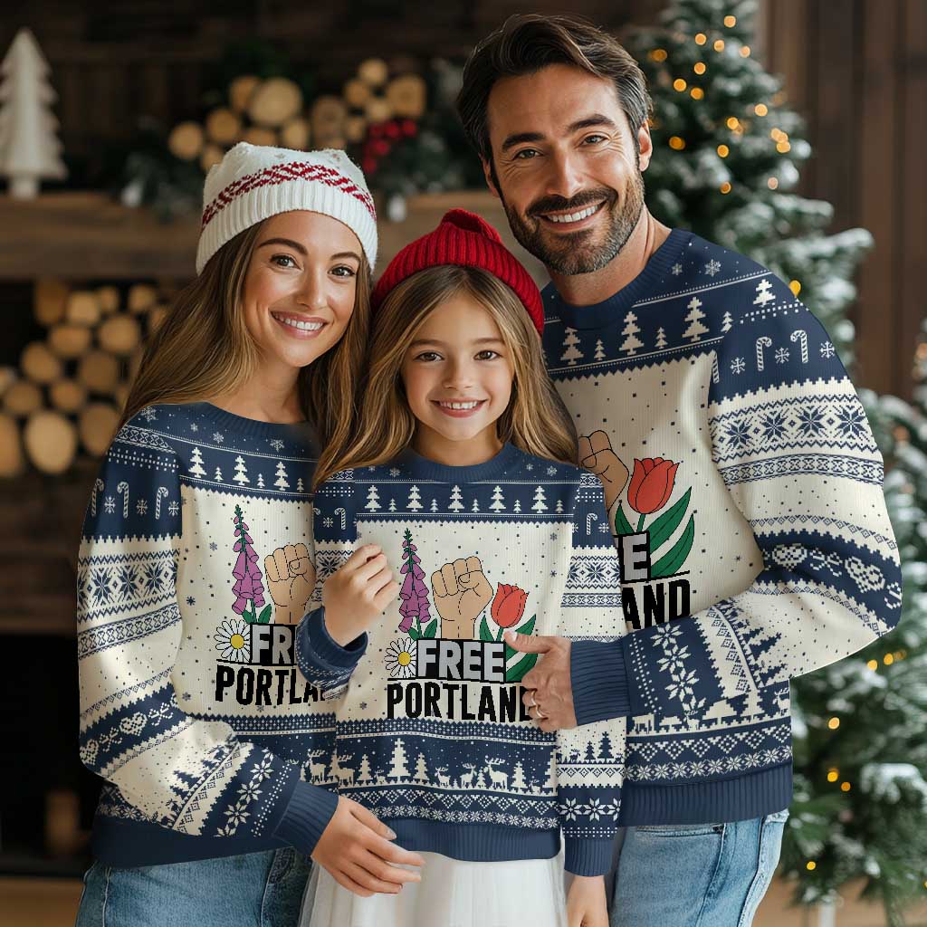 Free Portland Raised Fist Ugly Christmas Sweater Patriotic Oregon Freedom Floral Justice - Wonder Print Shop