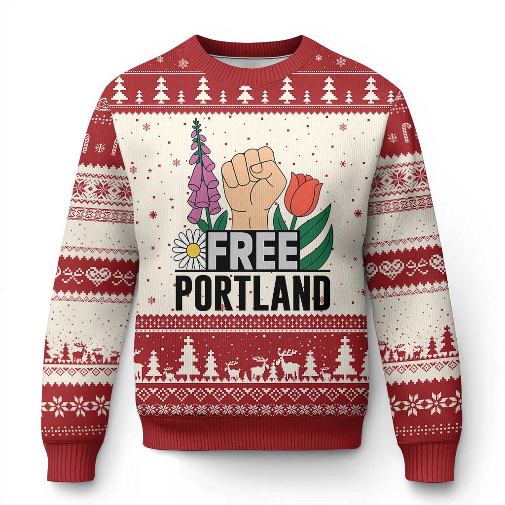 Free Portland Raised Fist Ugly Christmas Sweater Patriotic Oregon Freedom Floral Justice - Wonder Print Shop