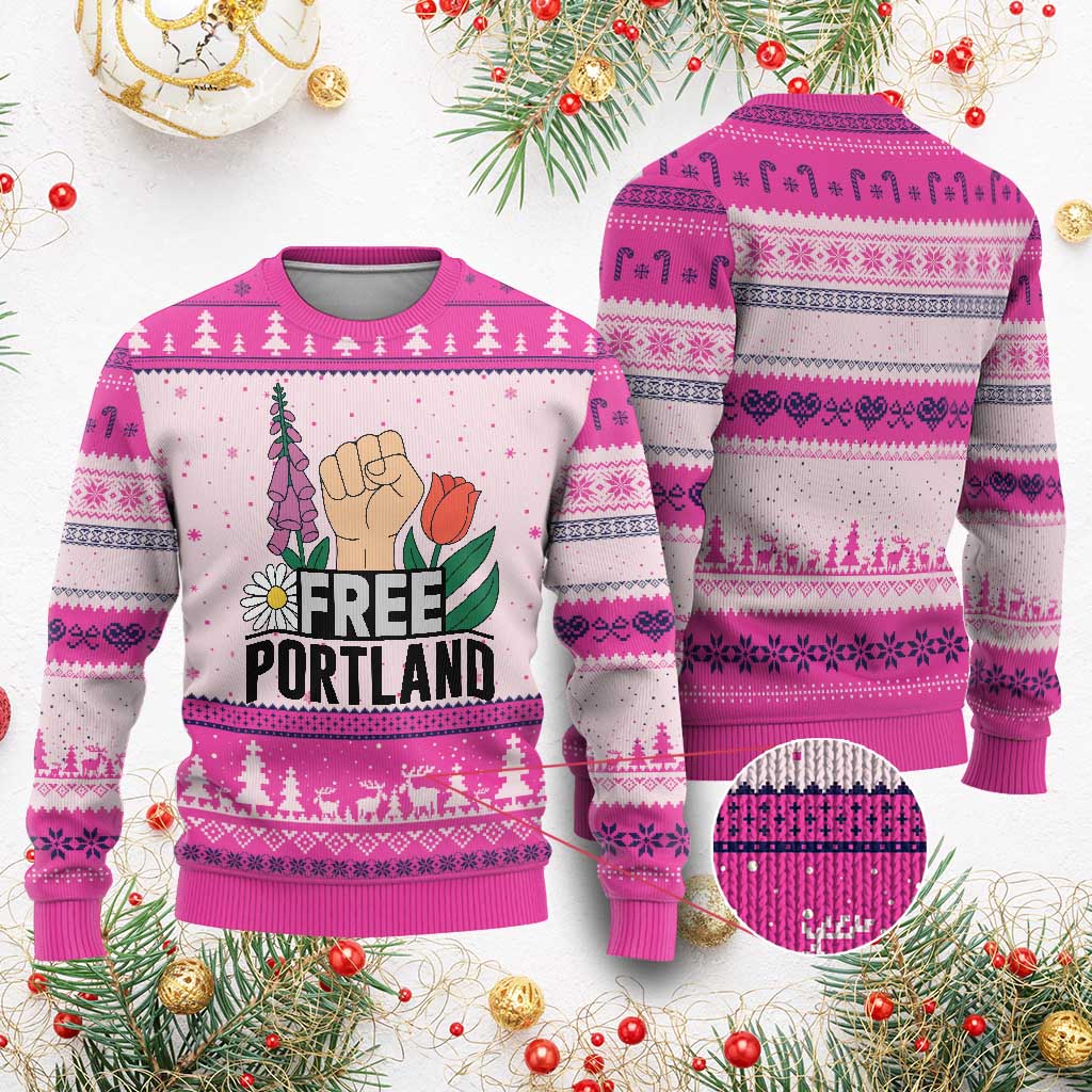 Free Portland Raised Fist Ugly Christmas Sweater Patriotic Oregon Freedom Floral Justice - Wonder Print Shop