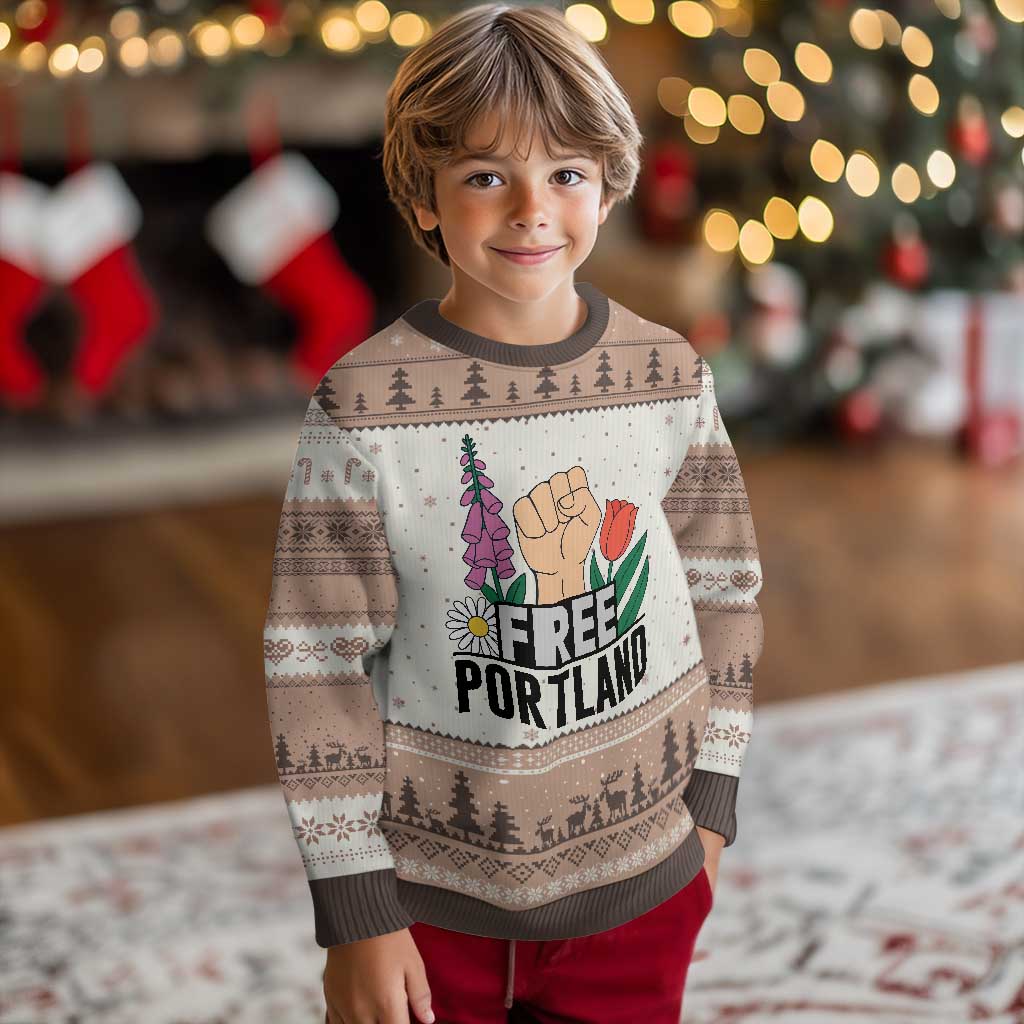 Free Portland Raised Fist Ugly Christmas Sweater Patriotic Oregon Freedom Floral Justice - Wonder Print Shop