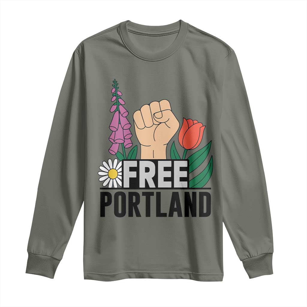 Free Portland Raised Fist Long Sleeve Shirt Patriotic Oregon Freedom Floral Justice - Wonder Print Shop