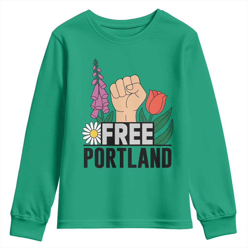 Free Portland Raised Fist Youth Sweatshirt Patriotic Oregon Freedom Floral Justice - Wonder Print Shop