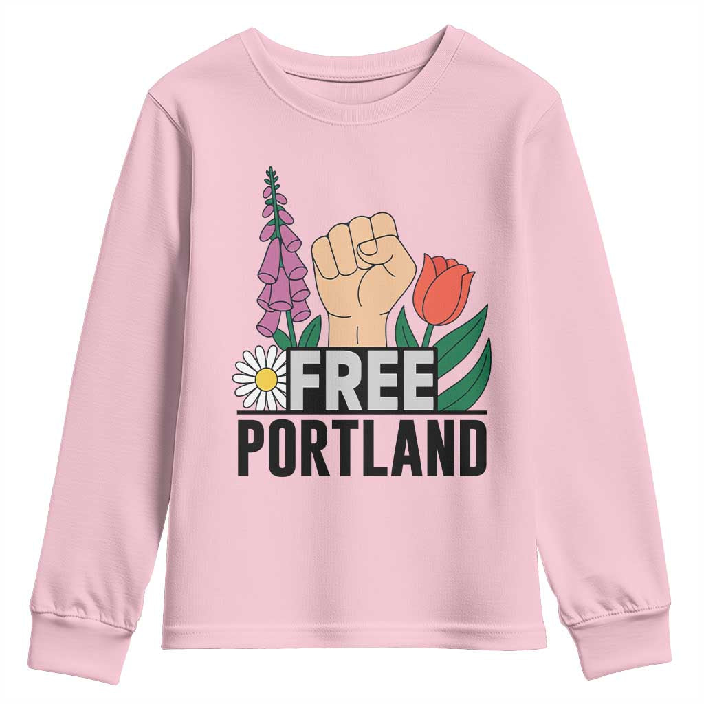 Free Portland Raised Fist Youth Sweatshirt Patriotic Oregon Freedom Floral Justice - Wonder Print Shop