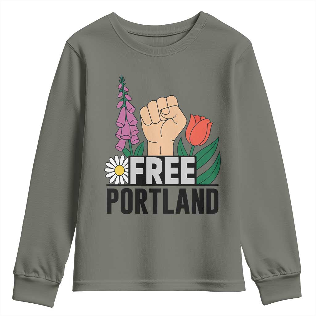 Free Portland Raised Fist Youth Sweatshirt Patriotic Oregon Freedom Floral Justice - Wonder Print Shop