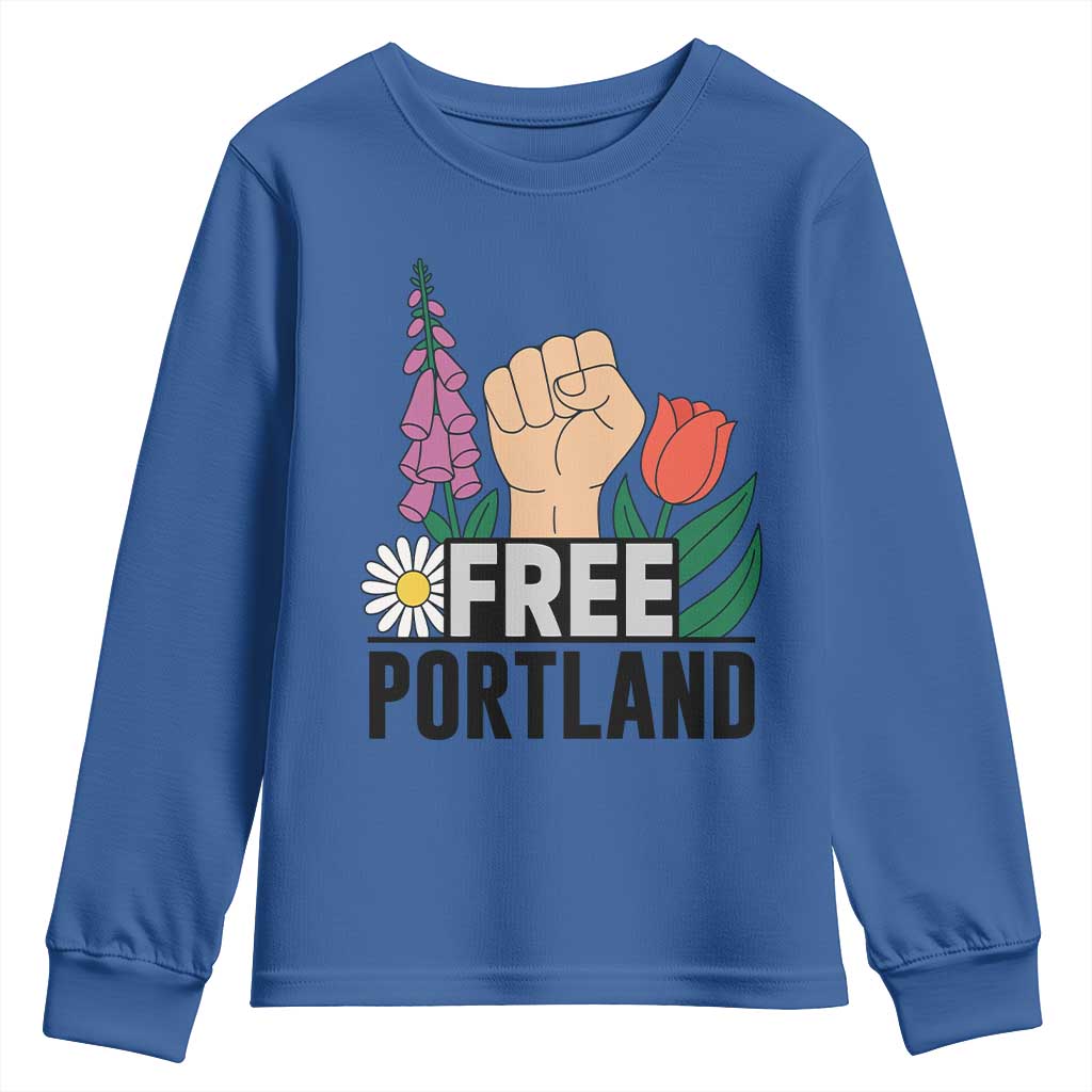 Free Portland Raised Fist Youth Sweatshirt Patriotic Oregon Freedom Floral Justice - Wonder Print Shop