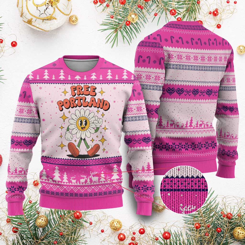 Retro Daisy Free Portland Ugly Christmas Sweater Oregon Freedom Fighter Flower Groovy Graphic - Wonder Print Shop