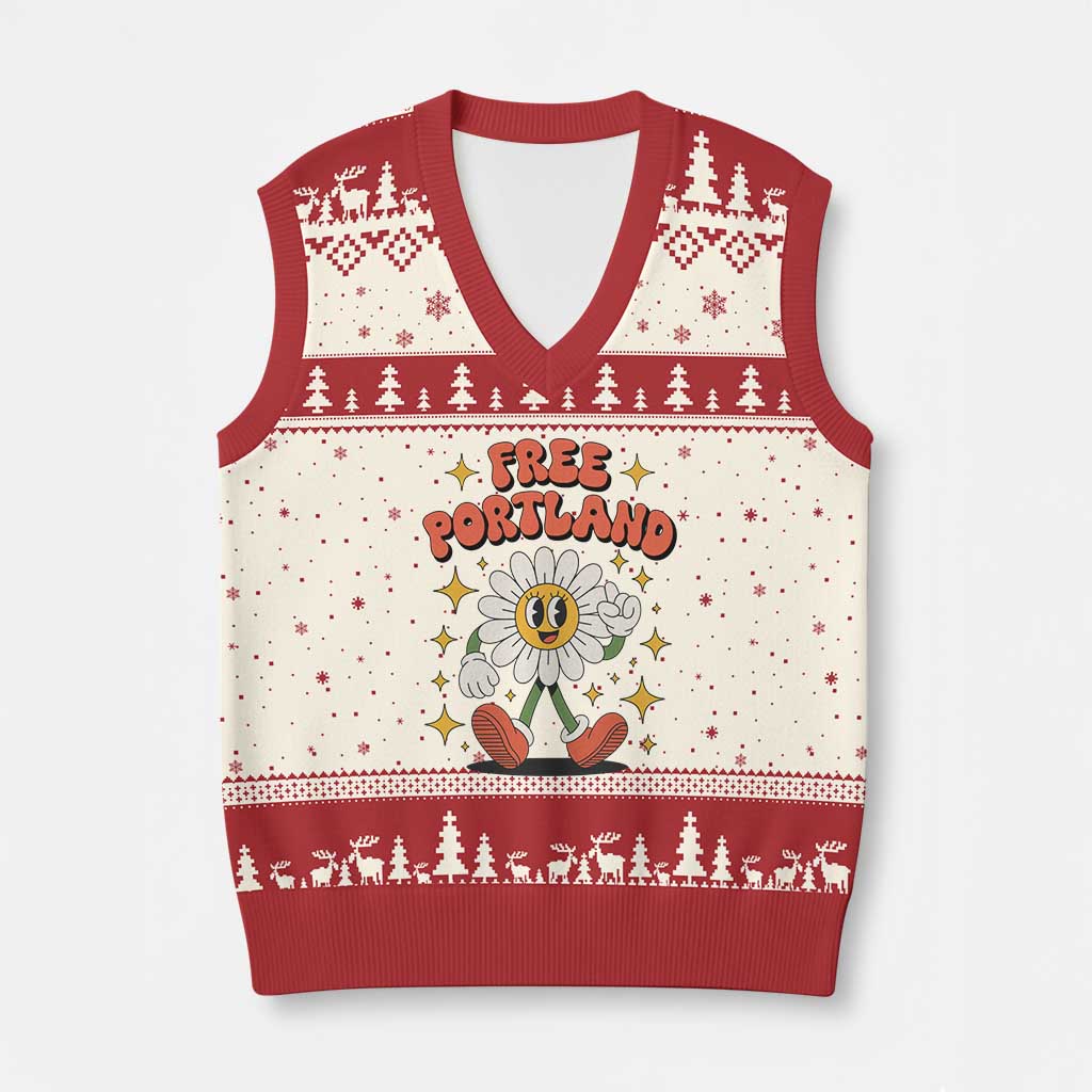 Retro Daisy Free Portland V-Neck Knit Sweater Vest Oregon Freedom Fighter Flower Groovy Graphic - Wonder Print Shop