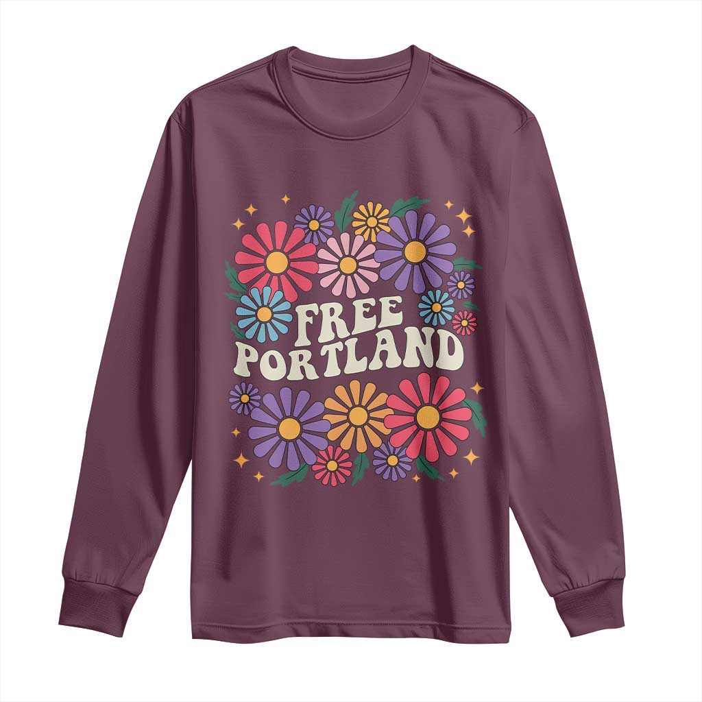 Retro Groovy Free Portland Long Sleeve Shirt Oregon Freedom Fighter Peaceful Hippie 70s Style - Wonder Print Shop