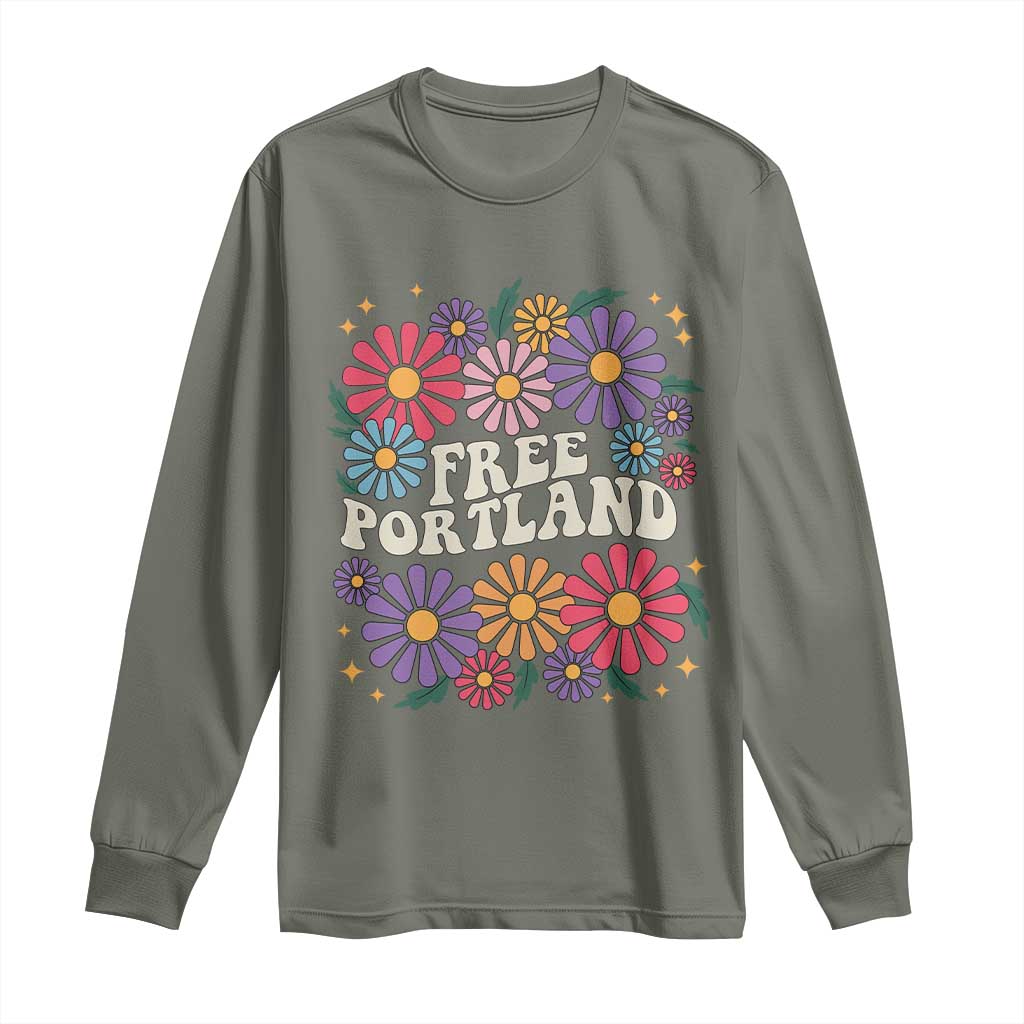 Retro Groovy Free Portland Long Sleeve Shirt Oregon Freedom Fighter Peaceful Hippie 70s Style - Wonder Print Shop