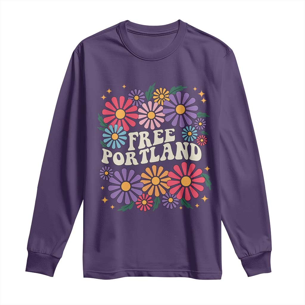 Retro Groovy Free Portland Long Sleeve Shirt Oregon Freedom Fighter Peaceful Hippie 70s Style - Wonder Print Shop