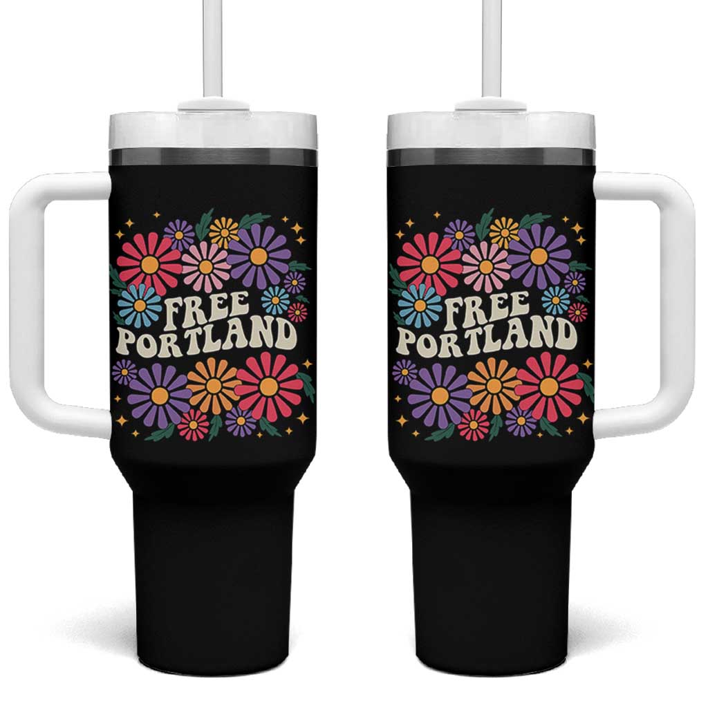 Retro Groovy Free Portland Tumbler With Handle Oregon Freedom Fighter Peaceful Hippie 70s Style - Wonder Print Shop