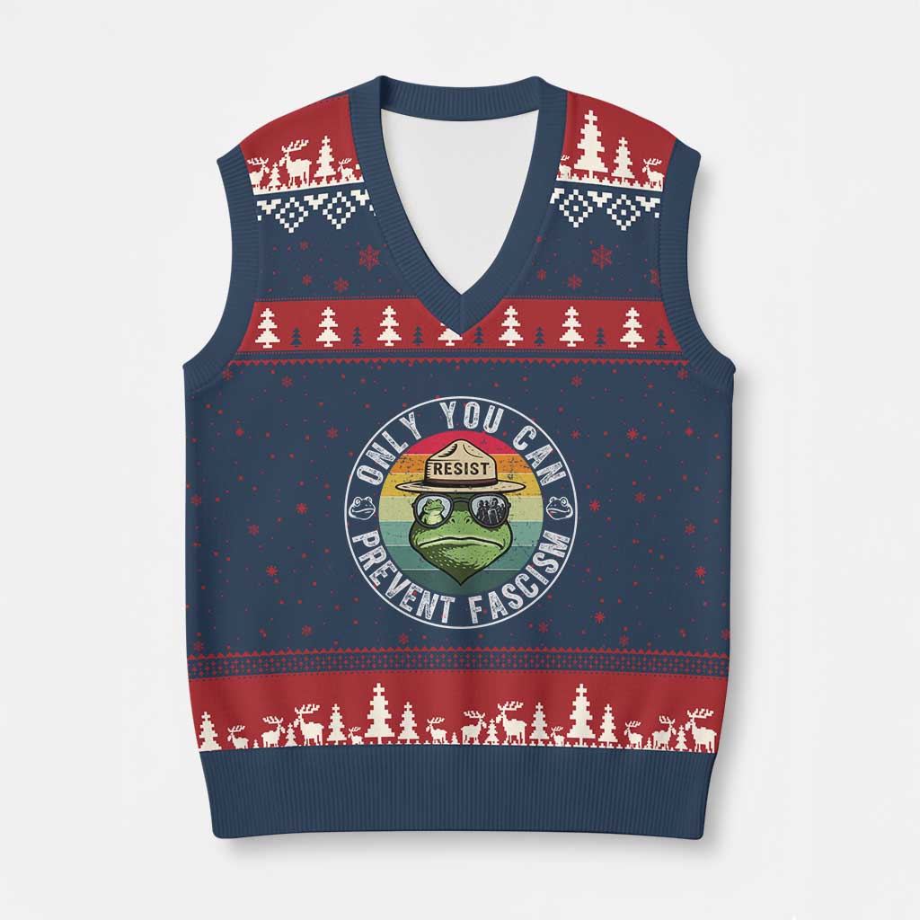 Only You Can Prevent Fascism Frog Resist Protest V-Neck Knit Sweater Vest Free Portland Oregon Freedom Retro - Wonder Print Shop