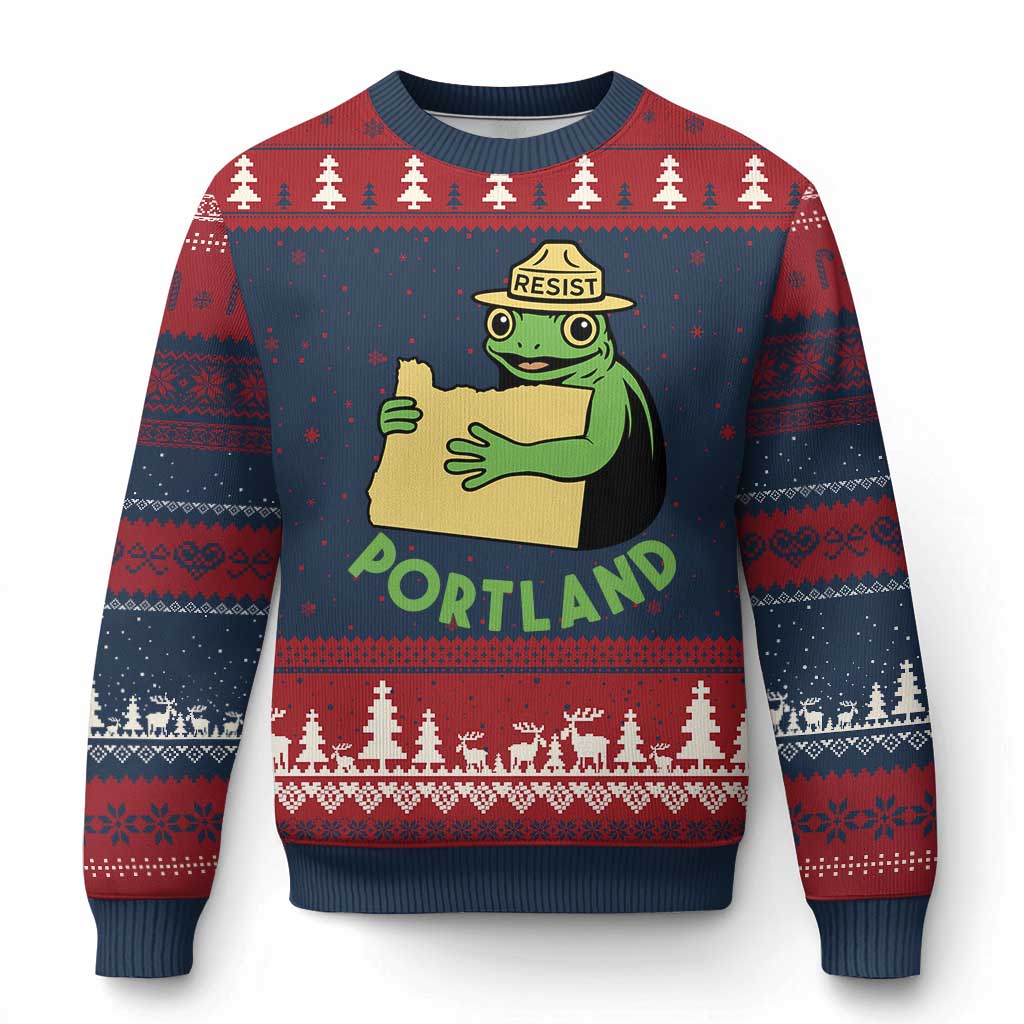 Portland Frog Resist Ugly Christmas Sweater Oregon Map Vintage Graphic - Wonder Print Shop