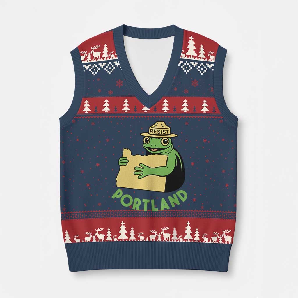 Portland Frog Resist V-Neck Knit Sweater Vest Oregon Map Vintage Graphic - Wonder Print Shop