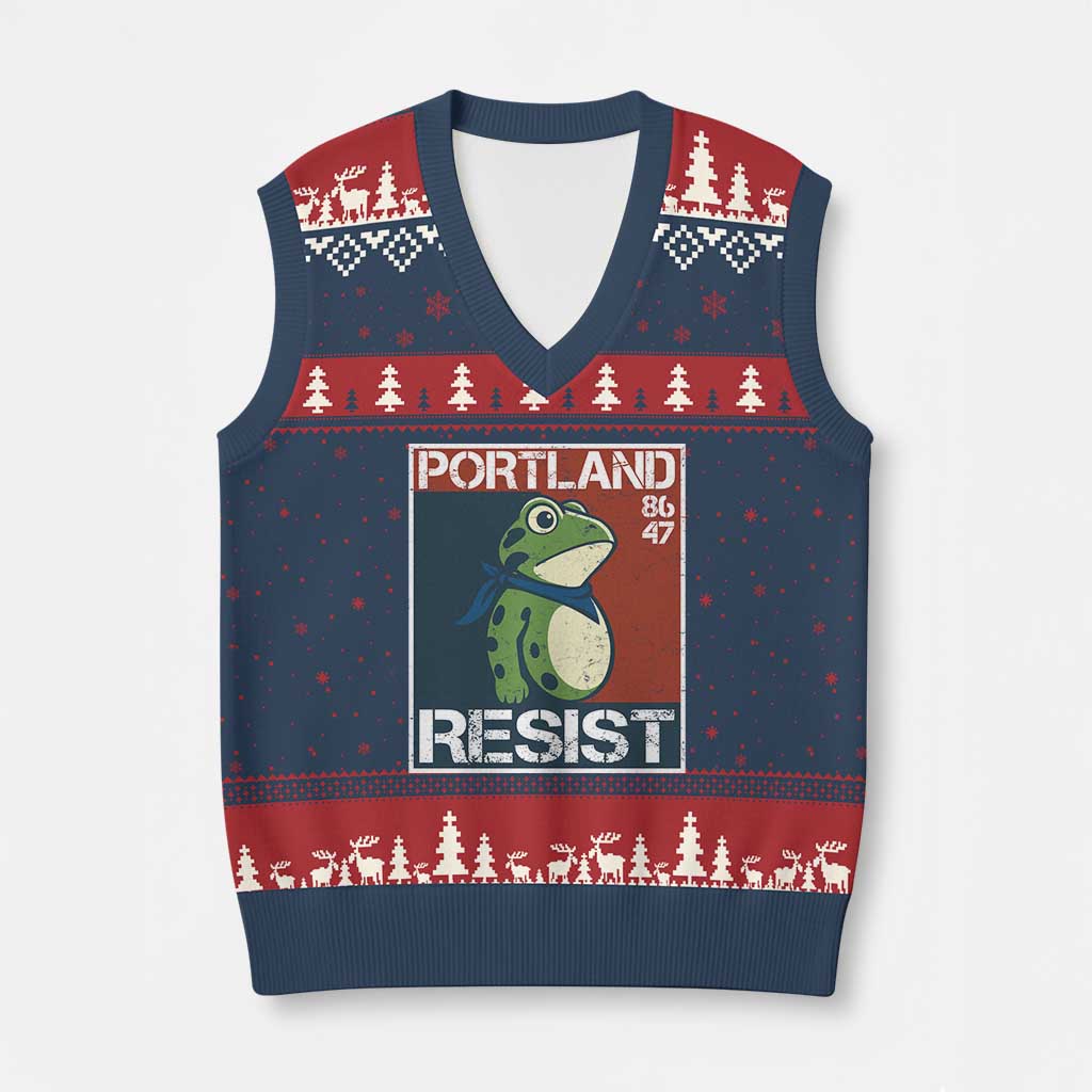 Portland Resist Retro Frog 8647 V-Neck Knit Sweater Vest Political Satire Protest Poster Graphic - Wonder Print Shop