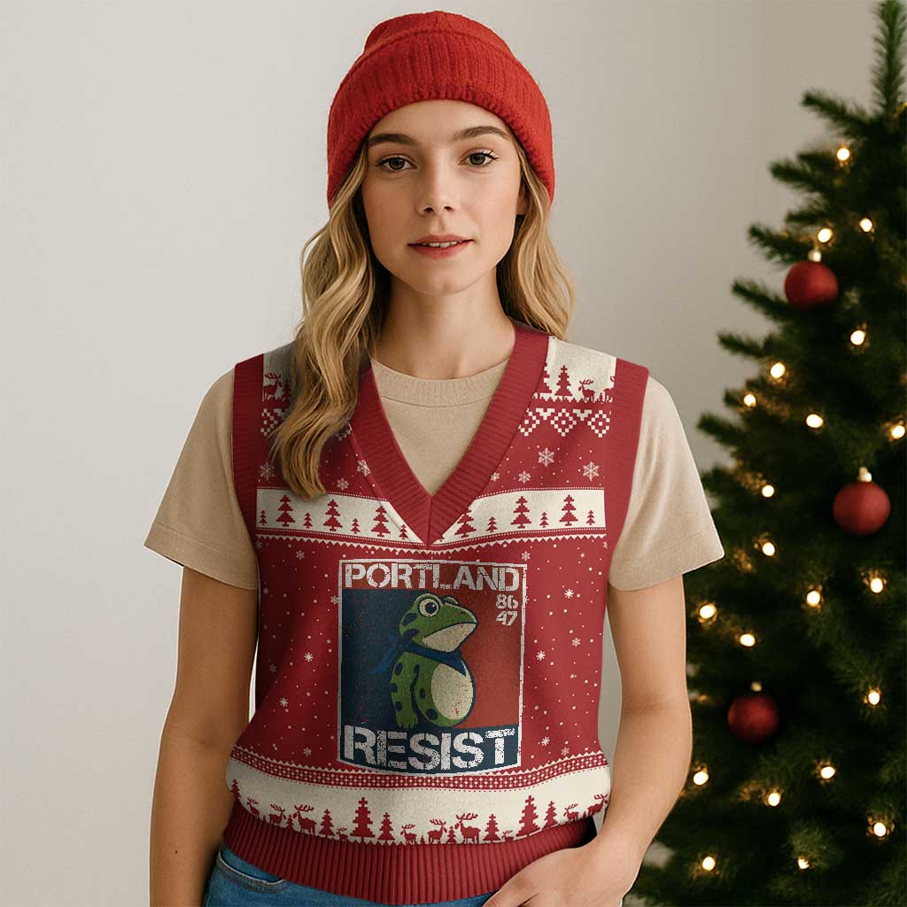 Portland Resist Retro Frog 8647 V-Neck Knit Sweater Vest Political Satire Protest Poster Graphic - Wonder Print Shop