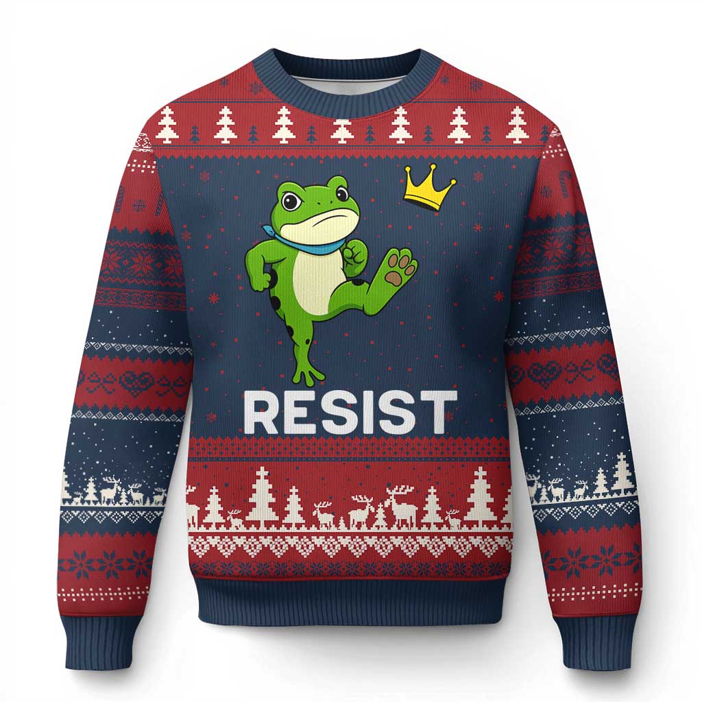 Resist Frog Kicking Crown Ugly Christmas Sweater Funny No Kings In America Free Portland - Wonder Print Shop