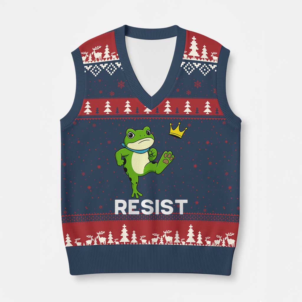 Resist Frog Kicking Crown V-Neck Knit Sweater Vest Funny No Kings In America Free Portland - Wonder Print Shop