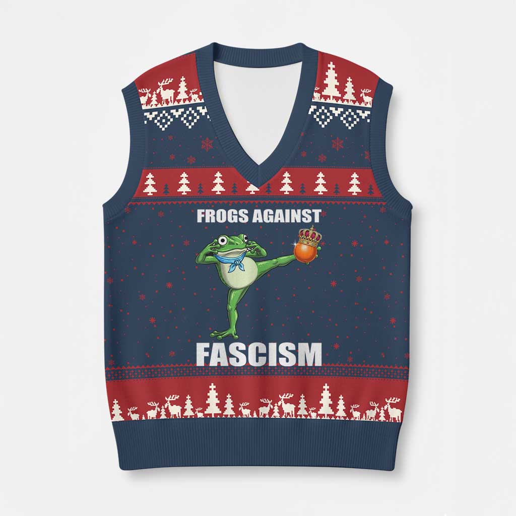 Frogs Against Fascism V-Neck Knit Sweater Vest No Fascist No Kings Funny Portland Frog Protest - Wonder Print Shop