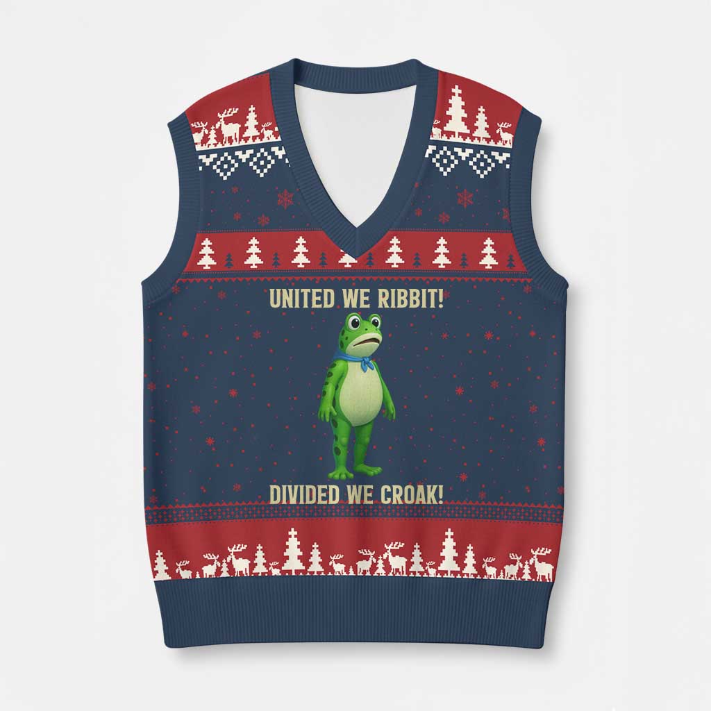 United We Ribbit Frog Protest V-Neck Knit Sweater Vest Divided We Croak Free Portland Resist 2025 - Wonder Print Shop