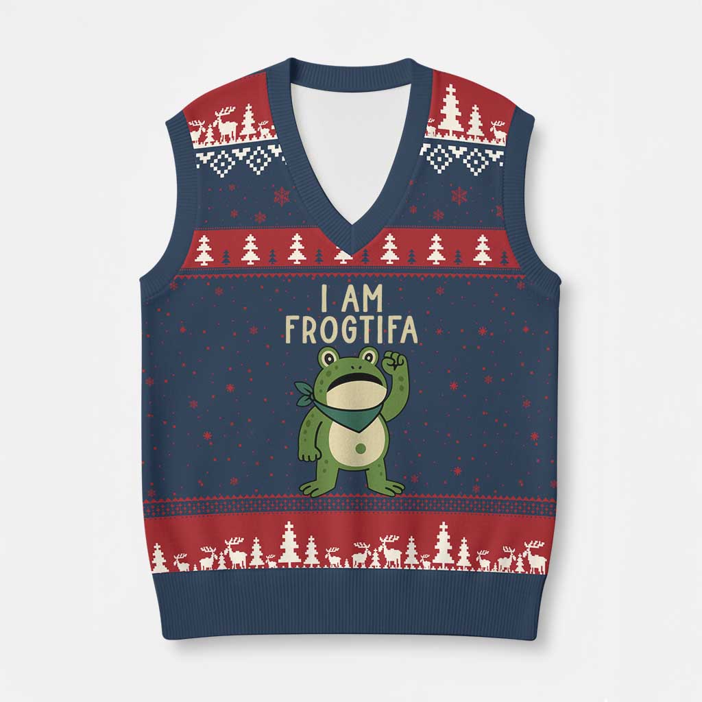 I Am Frogtifa V-Neck Knit Sweater Vest Frog Resist Antifascist with Raised Fist Bandana - Wonder Print Shop