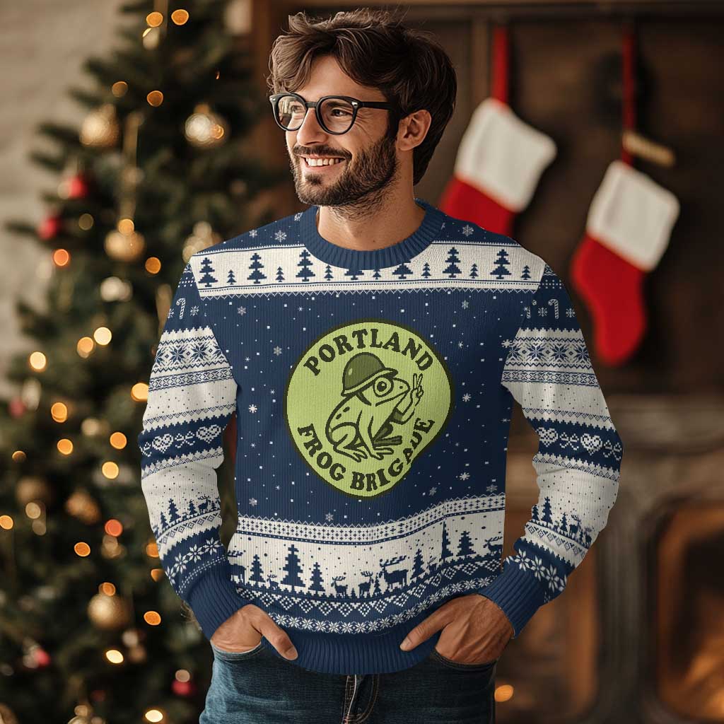 Portland Frog Brigade Ugly Christmas Sweater Peace Frog Protest Badge - Wonder Print Shop