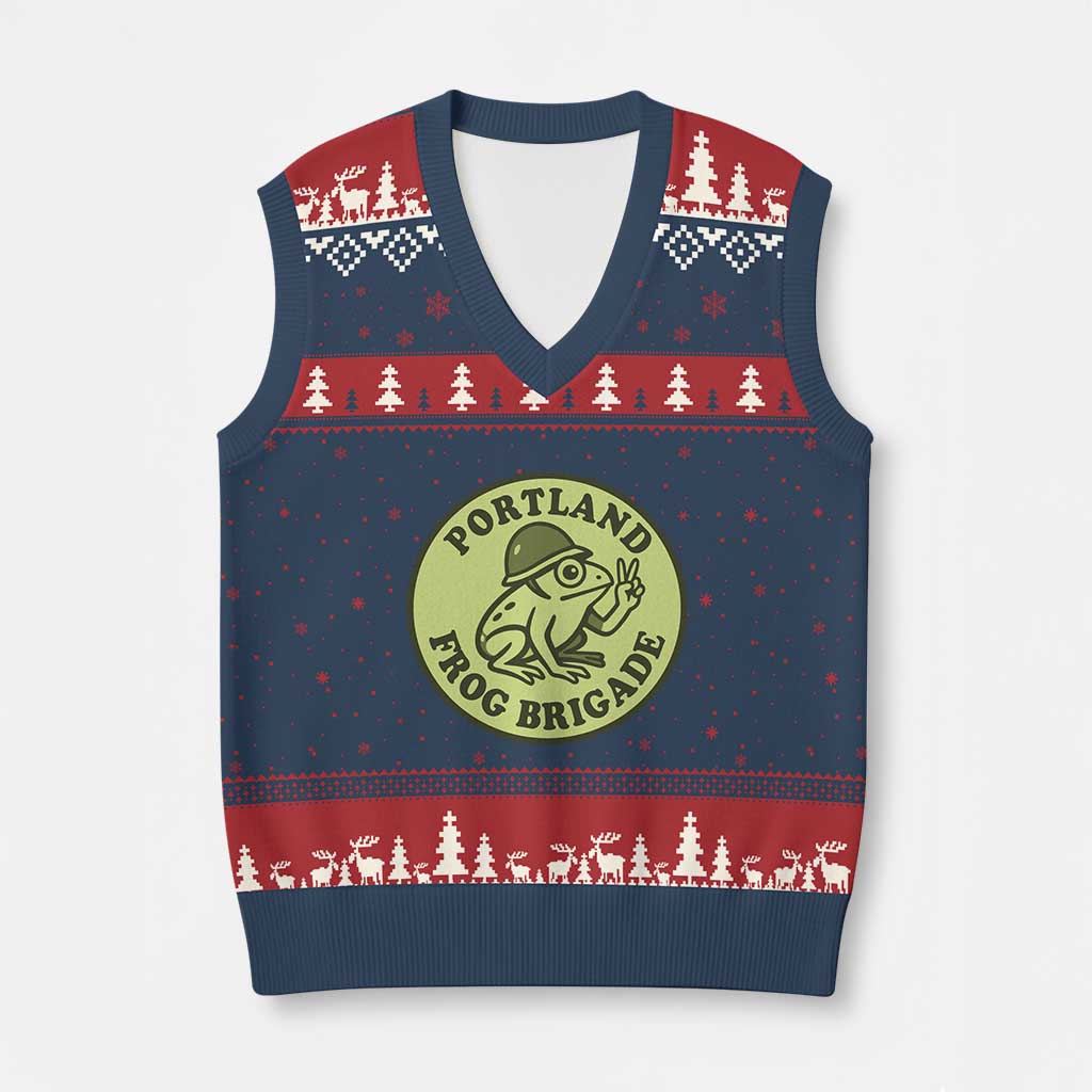 Portland Frog Brigade V-Neck Knit Sweater Vest Peace Frog Protest Badge - Wonder Print Shop