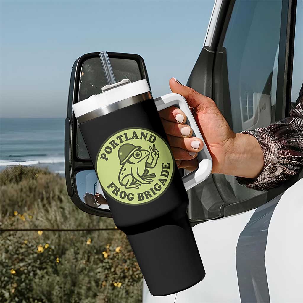 Portland Frog Brigade Tumbler With Handle Peace Frog Protest Badge - Wonder Print Shop