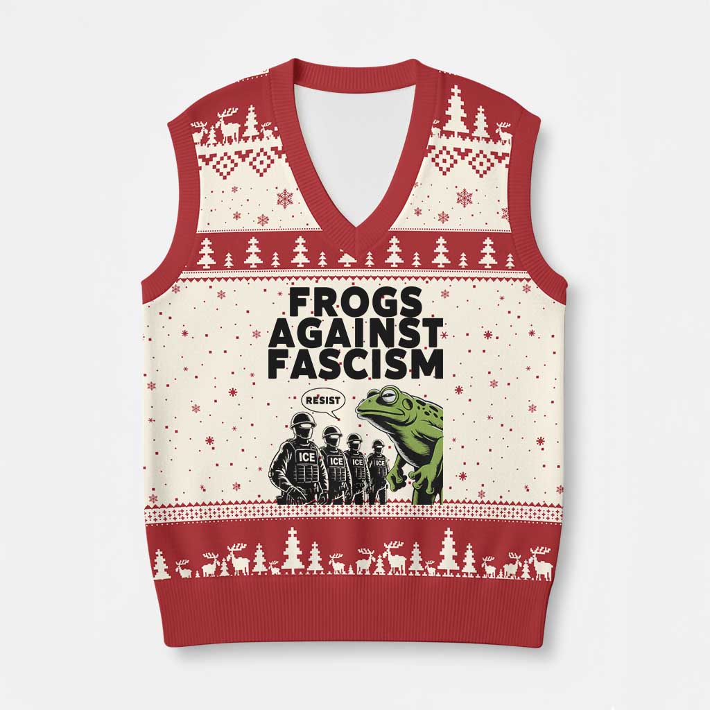 Frogs Against Fascism V-Neck Knit Sweater Vest Resist 2025 Free Portland Protest - Wonder Print Shop