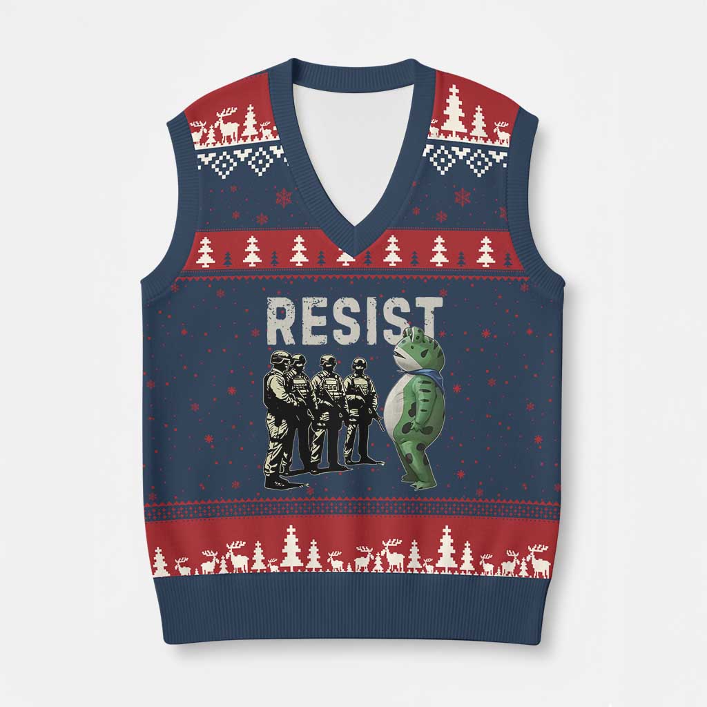 Resist Frog V-Neck Knit Sweater Vest Inflatable Animal Protest Free Portland - Wonder Print Shop