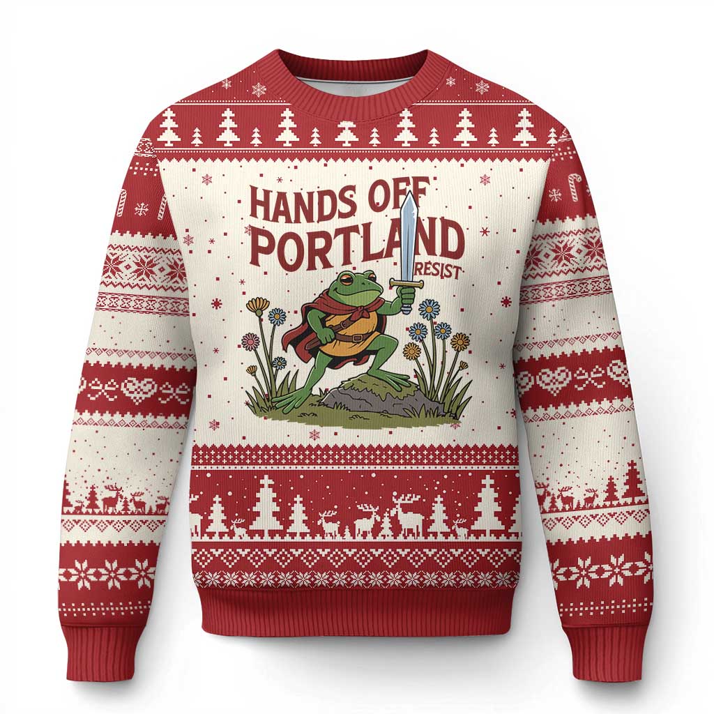 Hands Off Portland Sword Frog Ugly Christmas Sweater Freedom Fighters Hero Resist - Wonder Print Shop