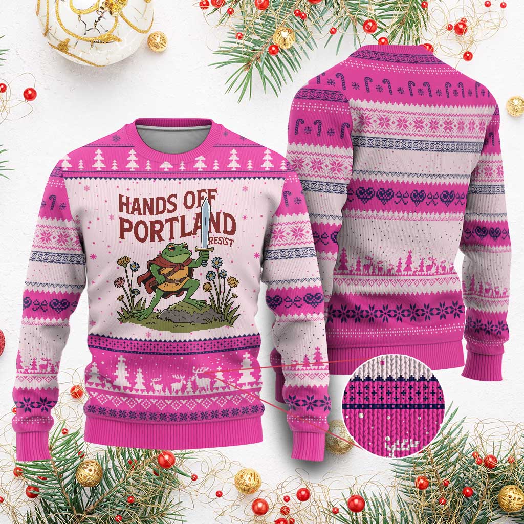 Hands Off Portland Sword Frog Ugly Christmas Sweater Freedom Fighters Hero Resist - Wonder Print Shop