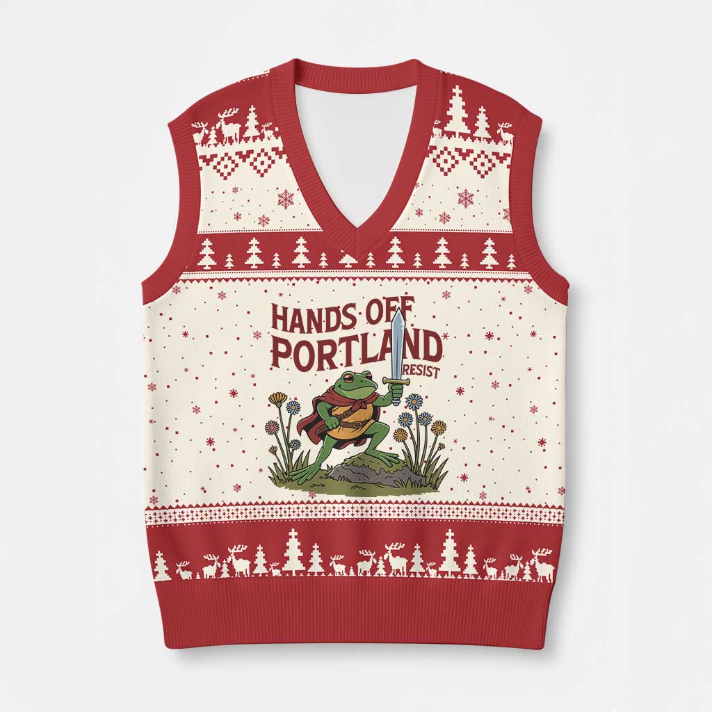Hands Off Portland Sword Frog V-Neck Knit Sweater Vest Freedom Fighters Hero Resist - Wonder Print Shop