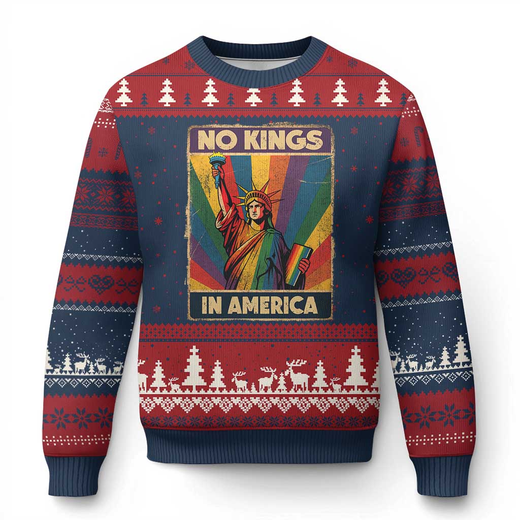 No Kings in America Pride Ugly Christmas Sweater Rainbow Statue of Liberty Protest - Wonder Print Shop