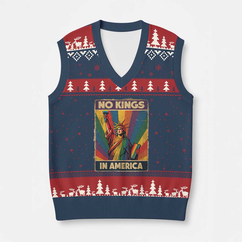 No Kings in America Pride V-Neck Knit Sweater Vest Rainbow Statue of Liberty Protest - Wonder Print Shop
