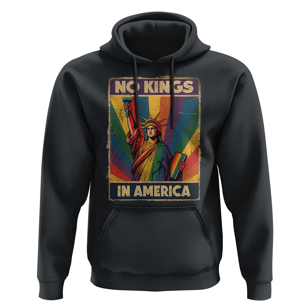 No Kings in America Pride Hoodie Rainbow Statue of Liberty Protest - Wonder Print Shop