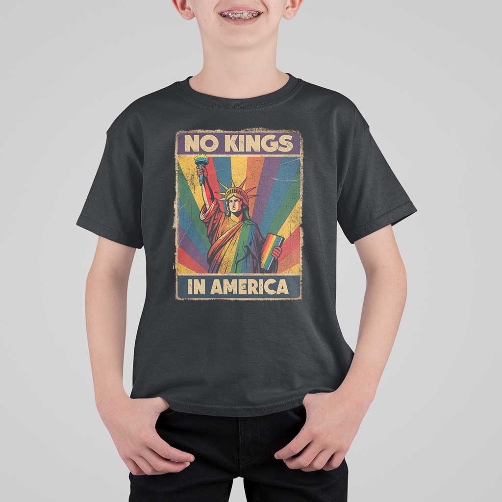 No Kings in America Pride T Shirt For Kid Rainbow Statue of Liberty Protest - Wonder Print Shop