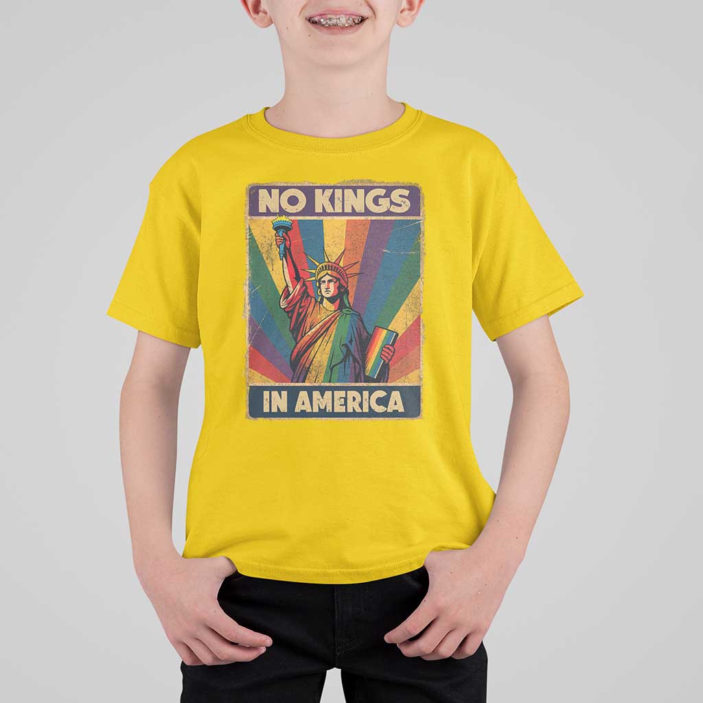 No Kings in America Pride T Shirt For Kid Rainbow Statue of Liberty Protest - Wonder Print Shop