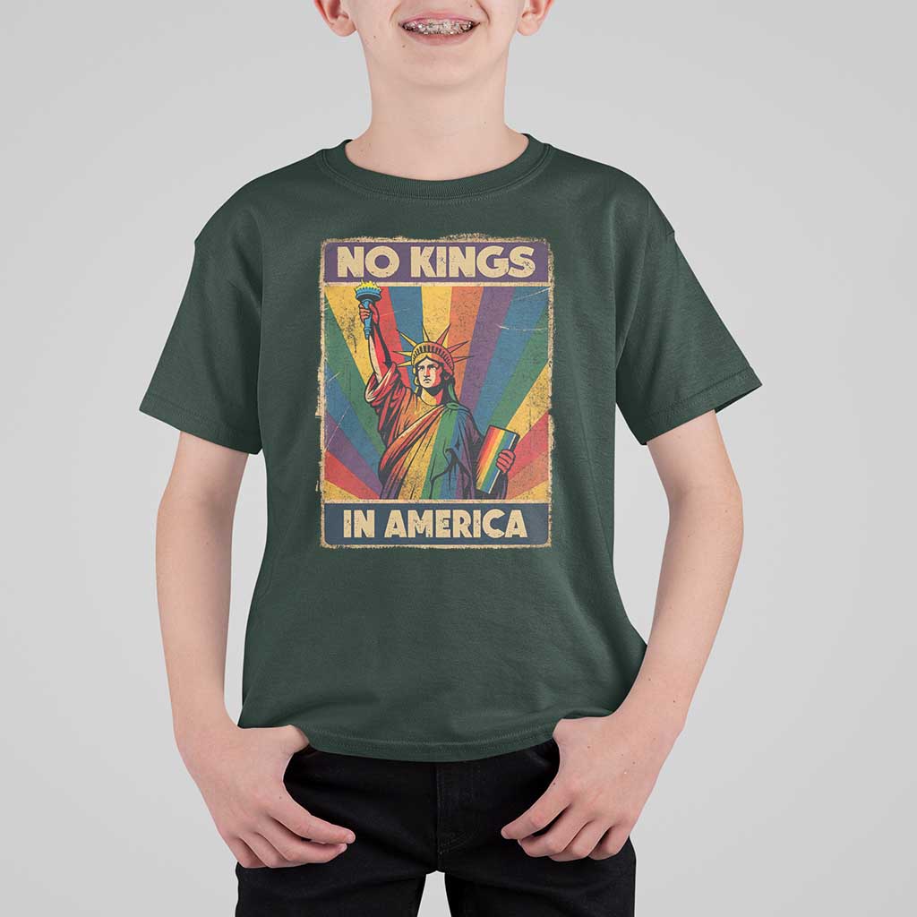 No Kings in America Pride T Shirt For Kid Rainbow Statue of Liberty Protest - Wonder Print Shop