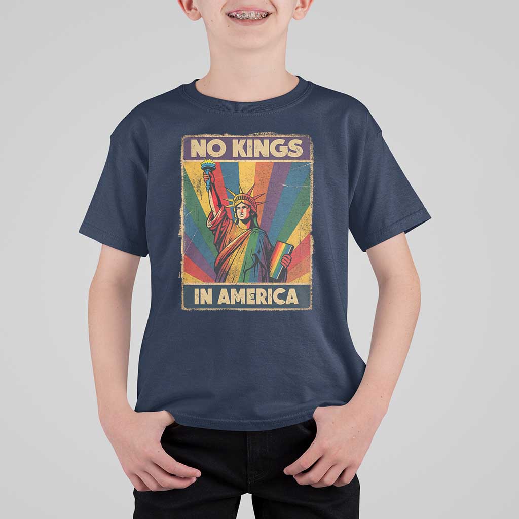 No Kings in America Pride T Shirt For Kid Rainbow Statue of Liberty Protest - Wonder Print Shop