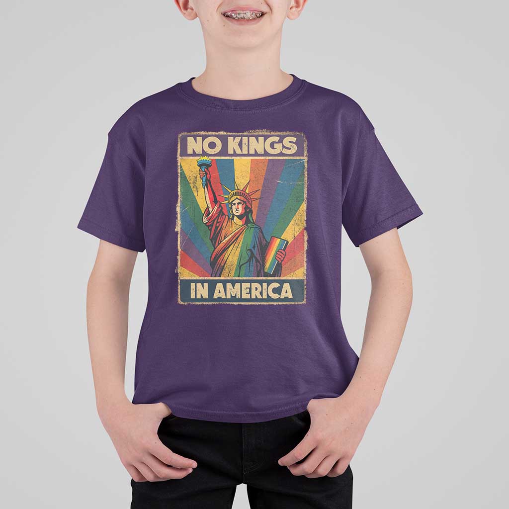 No Kings in America Pride T Shirt For Kid Rainbow Statue of Liberty Protest - Wonder Print Shop