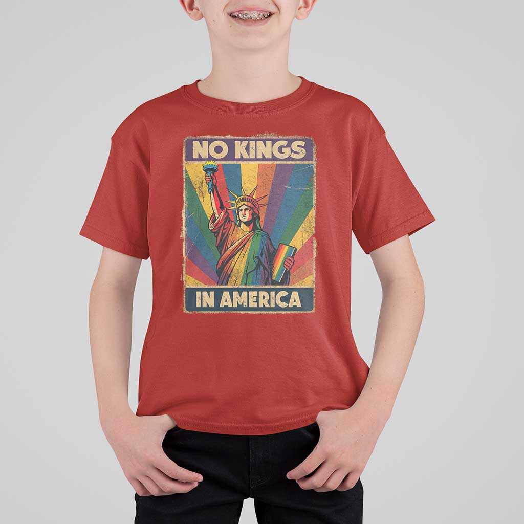 No Kings in America Pride T Shirt For Kid Rainbow Statue of Liberty Protest - Wonder Print Shop